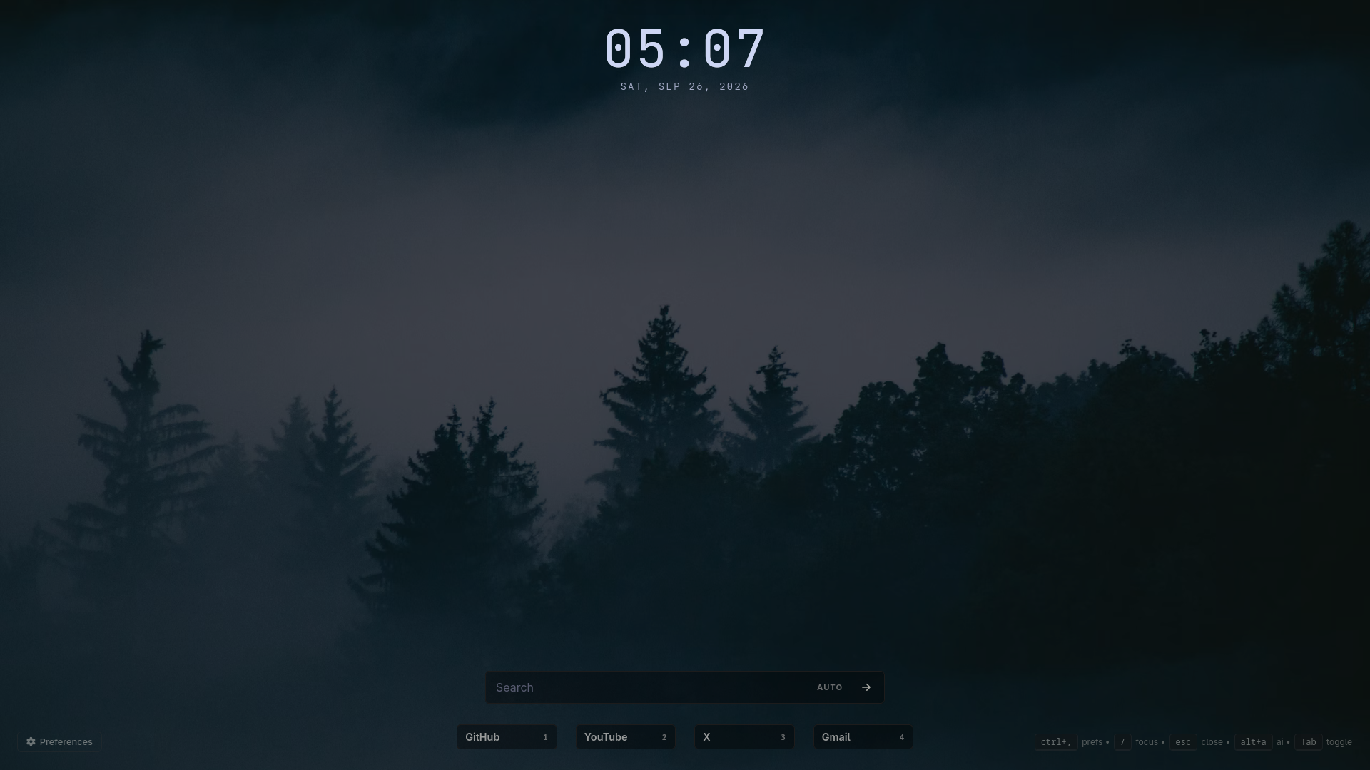 Anoxle startpage with Misty Forest default preset